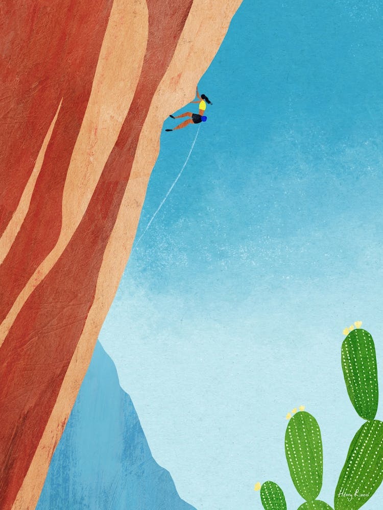 Canyon Climb | Girl Mountain Climbing Vacation Travel Illustration| Woman Climber in Canyon Landscape