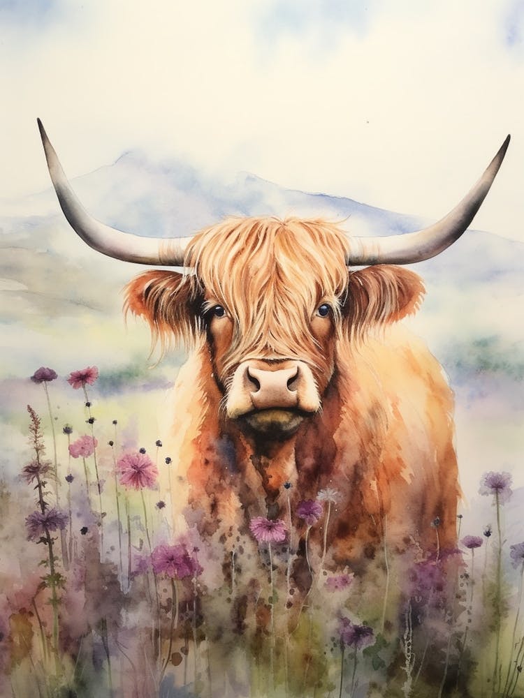 Lilac Watercolour Of Highland Cow 2