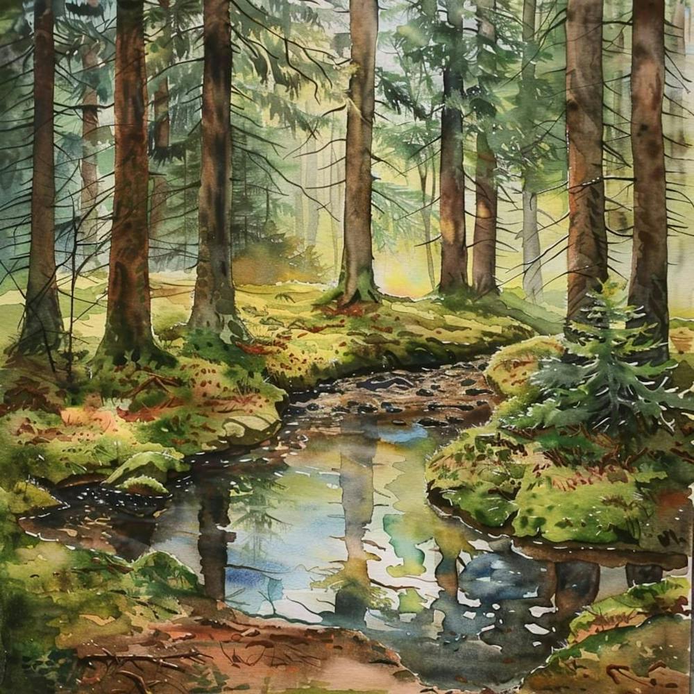 Peaceful Forest Watercolor Collection Painting | Trees and Stream Idyllic Nostalgic Living Americana
