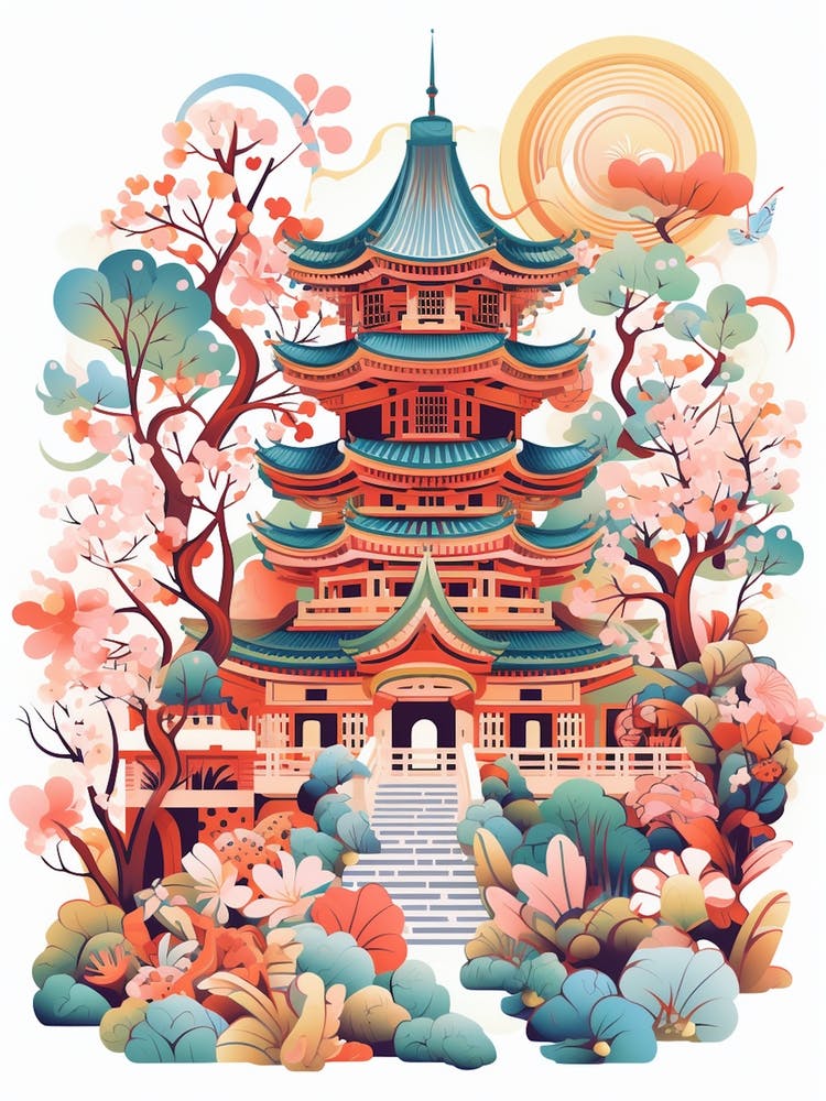 Ninna Ji Temple Japan Modern Illustration 