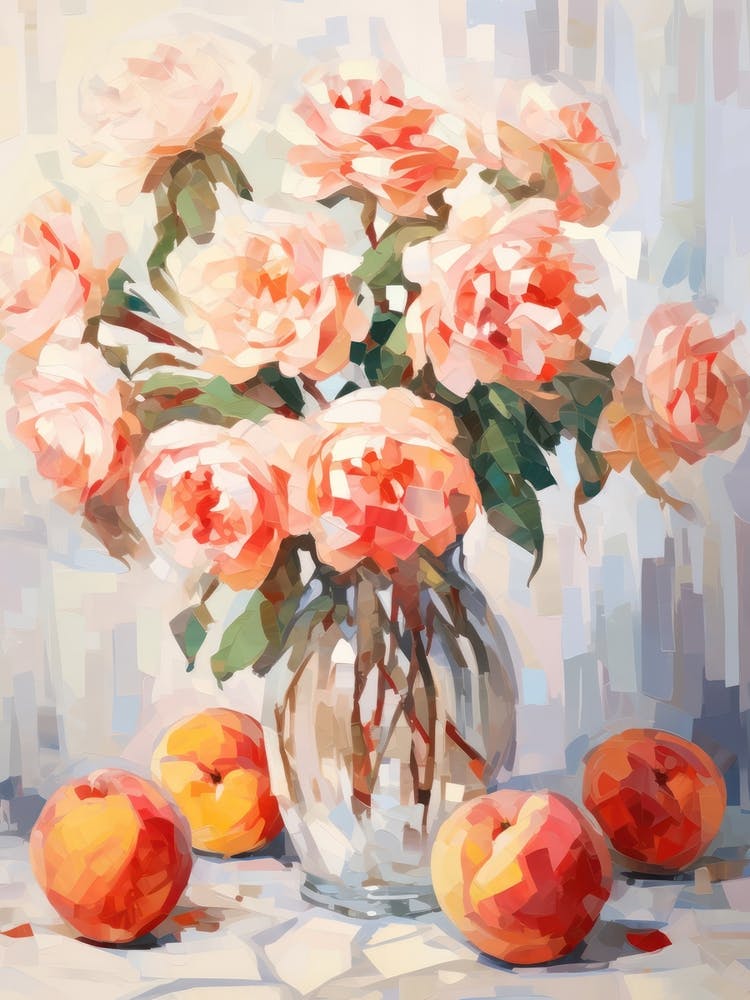 Rose Flower And Peaches Still Life Painting 2 Dreamy