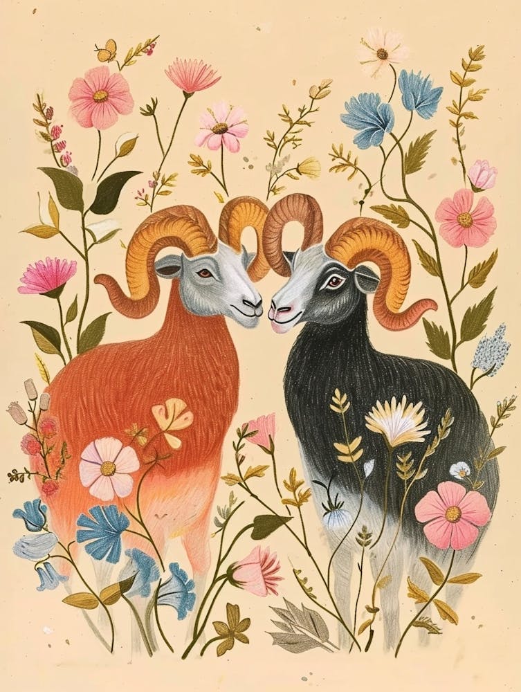 Folksy Floral Animal Drawing Ram