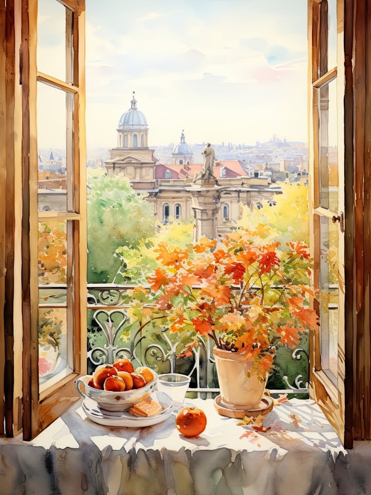 Window View Of Belgrade Serbia In Autumn Fall, Watercolour 1
