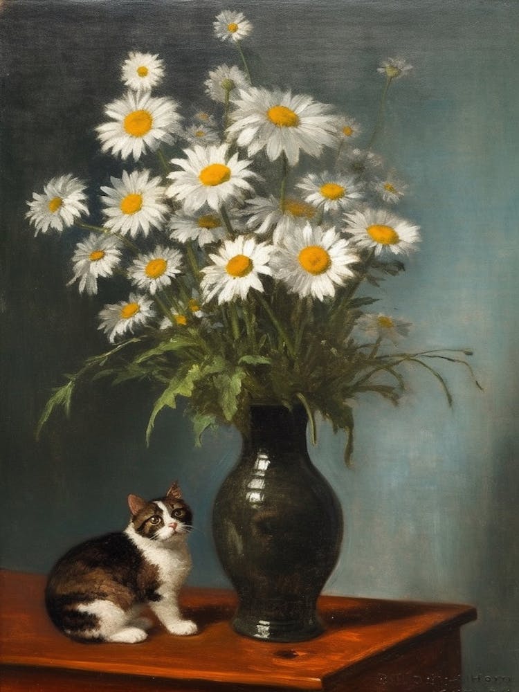 Painting Of A Still Life Of A Daisies With A Cat, Realism 3