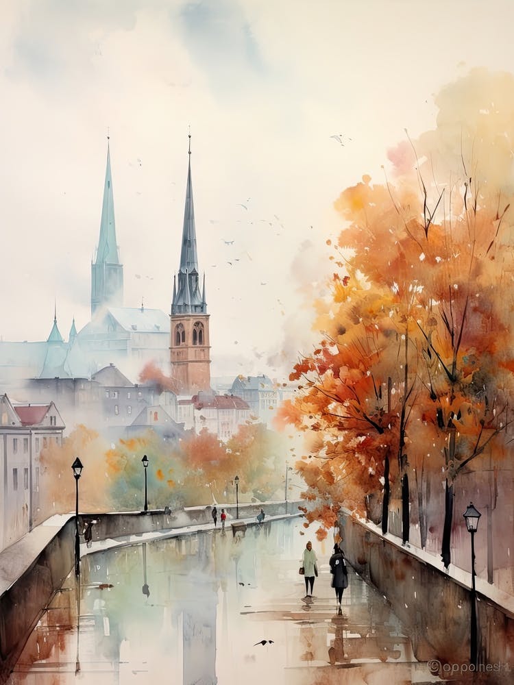 Oslo Norway In Autumn Fall, Watercolour 2