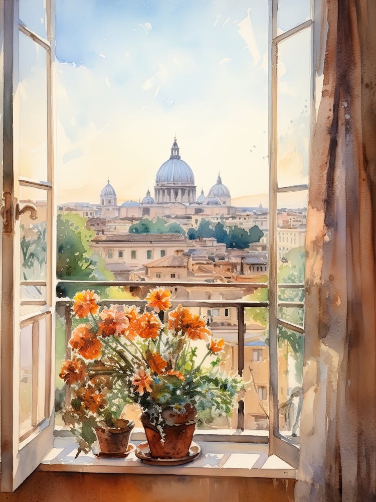 Window View Of Rome Italy In Autumn Fall, Watercolour 3