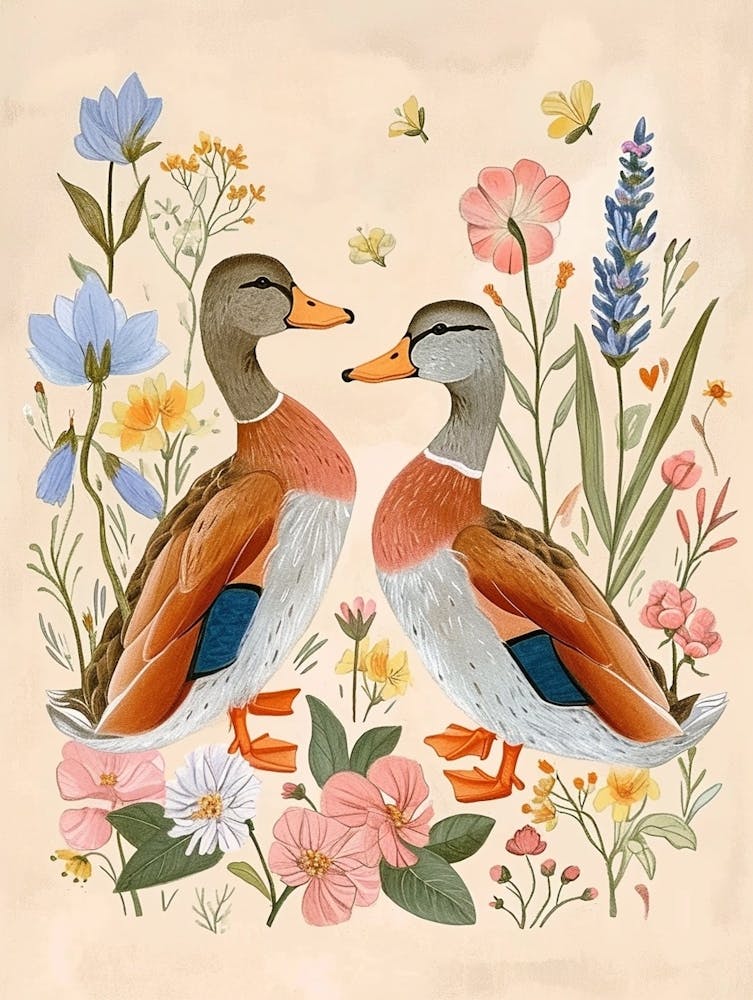 Folksy Floral Animal Drawing Duck 3
