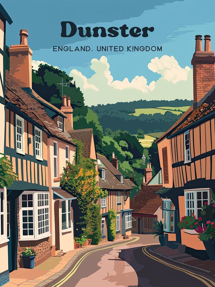 Dunster England Straßenansicht Reisekunst-Illustration