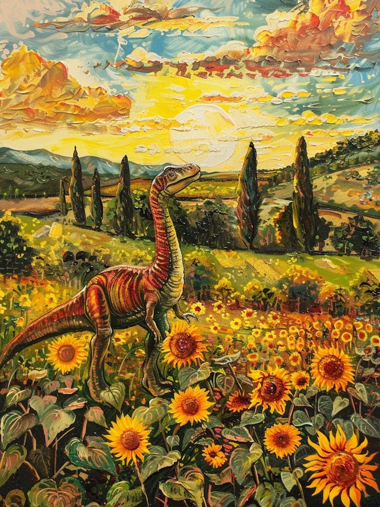 Dinosaur In A Sunflower Field Landscape Painting 1