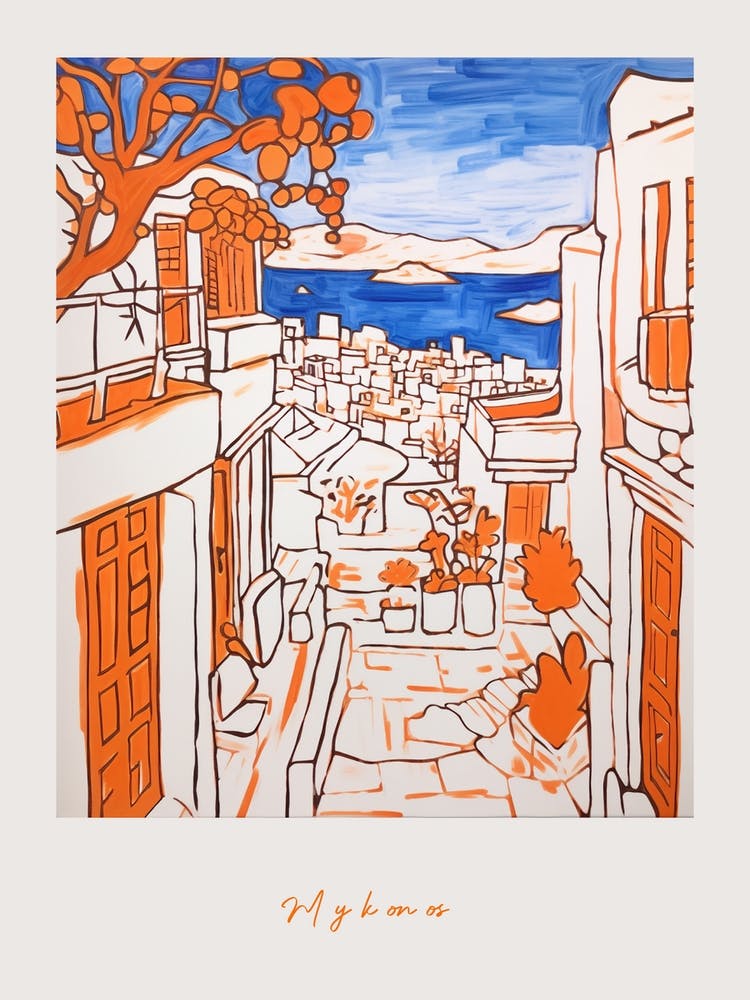 Mykonos Greece Orange Drawing Poster