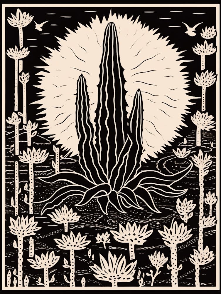 B&W Cactus Illustration Devils Tongue 1
