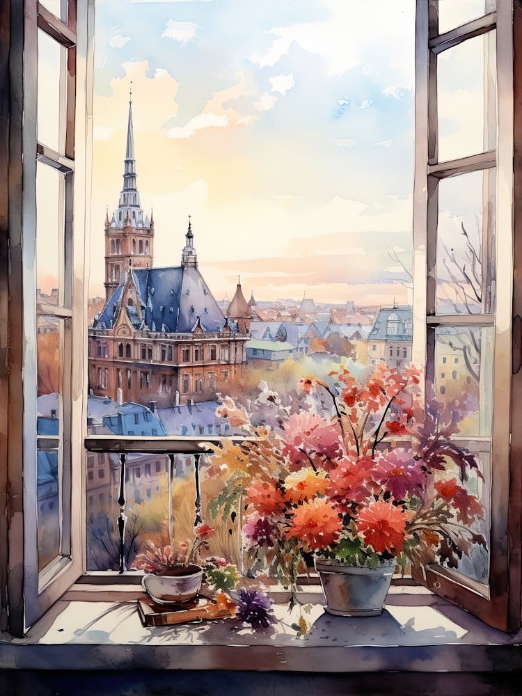 Window View Of Frankfurt Germany In Autumn Fall, Watercolour 1