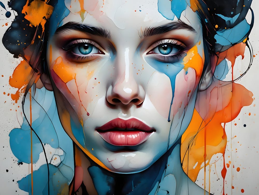 Abstract Painting of Woman With Vibrant Color Splashes