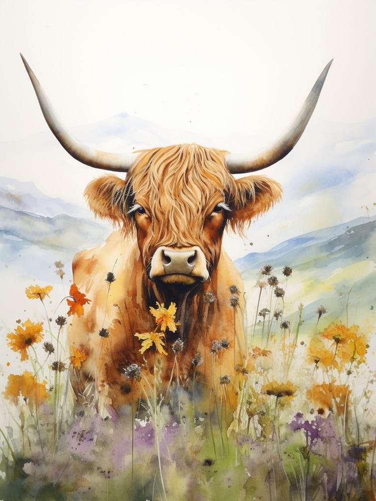 Lilac Watercolour Of Highland Cow 1