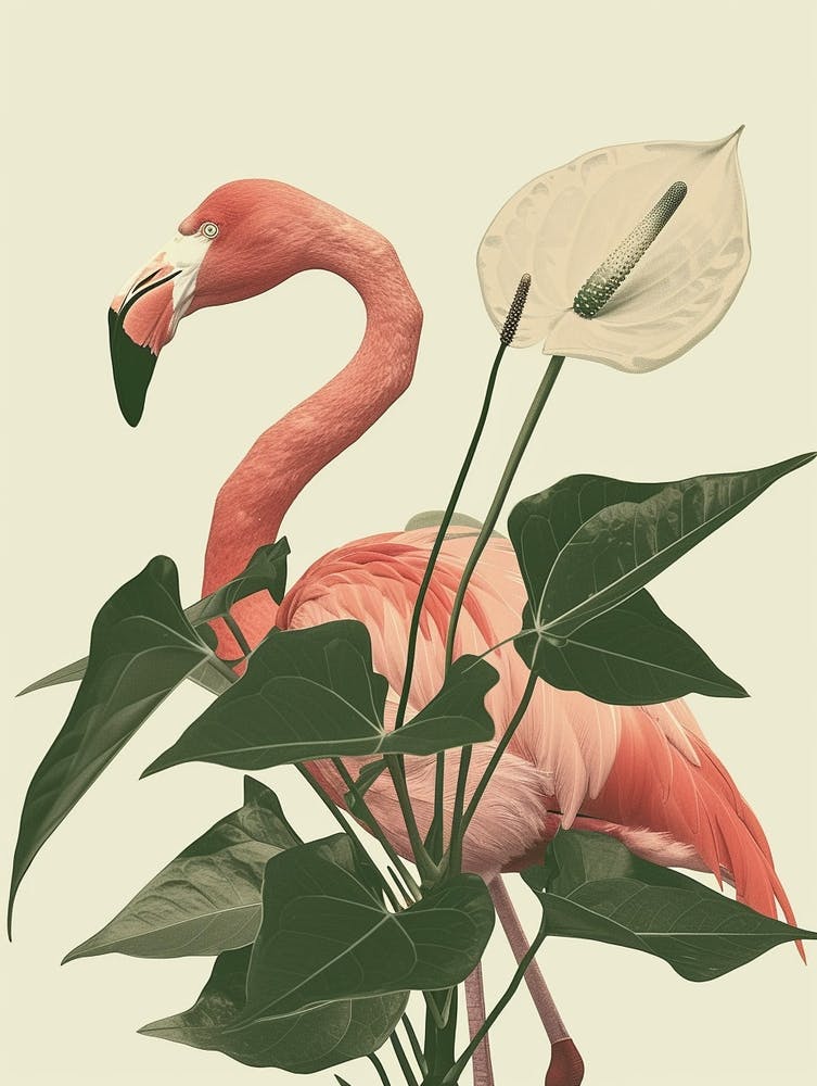 American Flamingo And Anthurium Minimalist Illustration 1