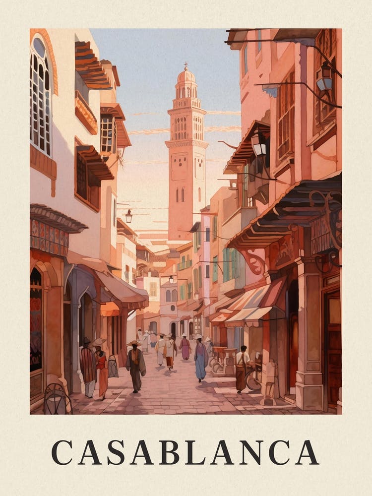Casablanca Morocco 1 Vintage Pink Travel Illustration Poster