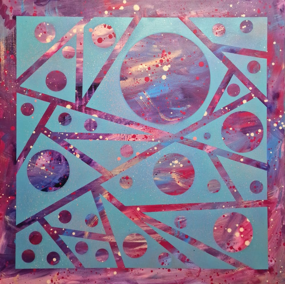 Pink and blue geometrical abstract space painting