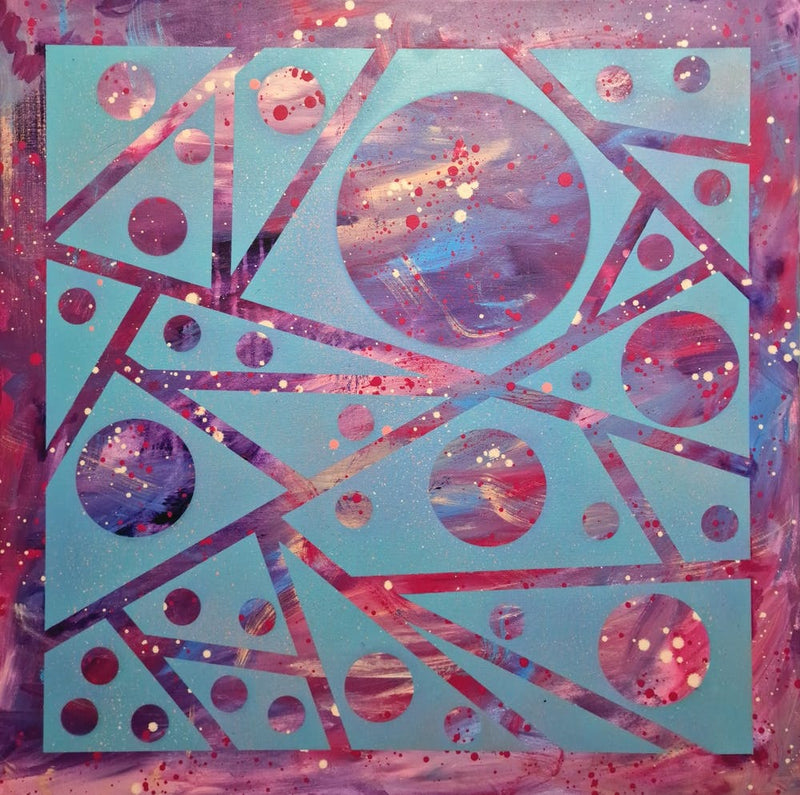 Pink and blue geometrical abstract space painting