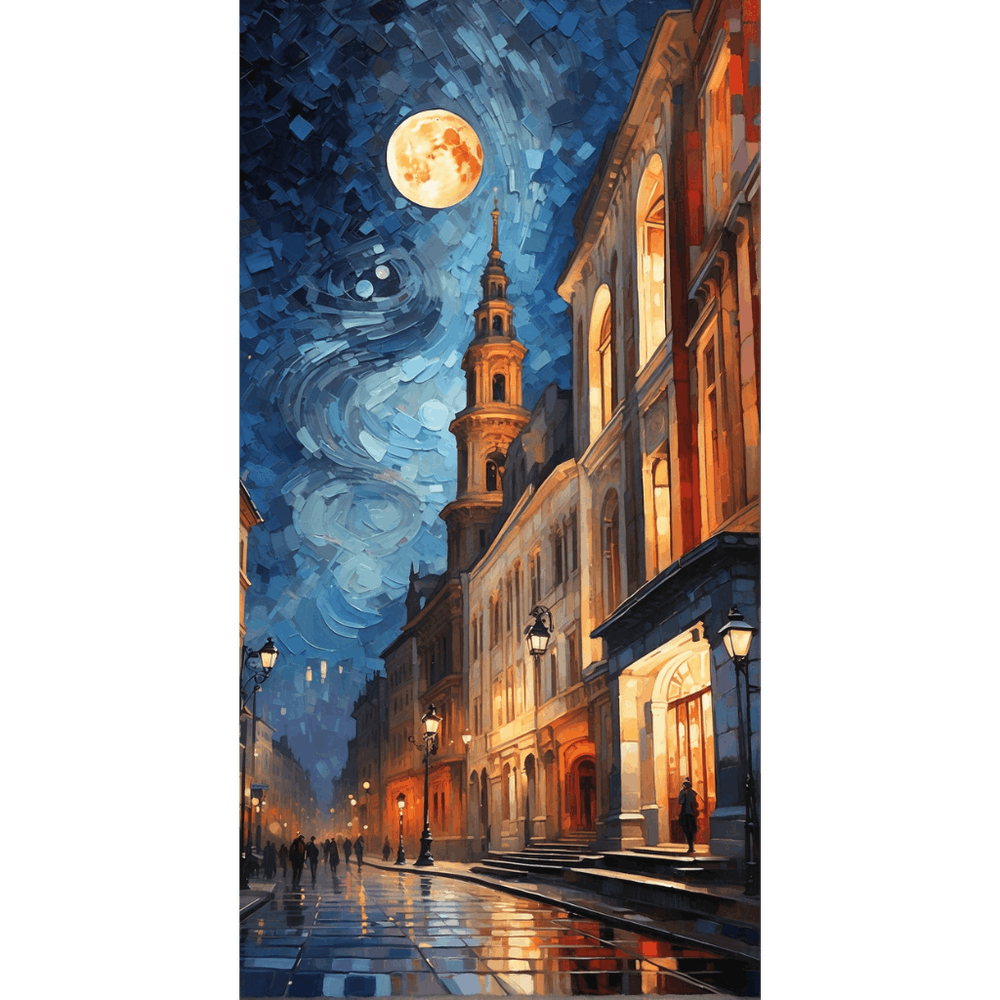 Moonlight In The City Big city landscape made of starry sky, cubism, depth, creativity, fantasy, sky blue, vermilion, glaze, grayscale, gorgeous full color