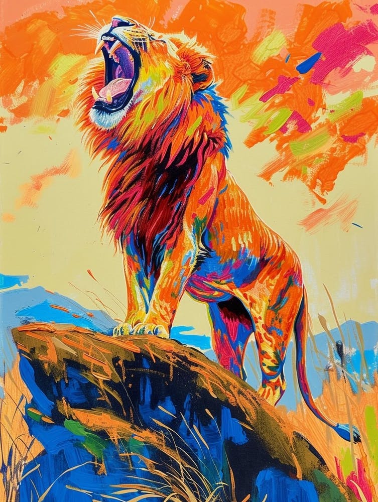 Masai Lion Roaring On A Cliff Fauvist Painting 4