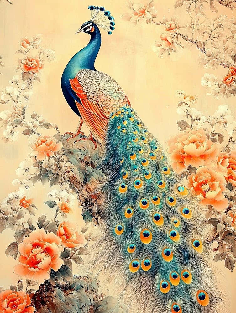 Luxury Chinoiserie Painting Of Peacock On Vintage Floral Pattern 1