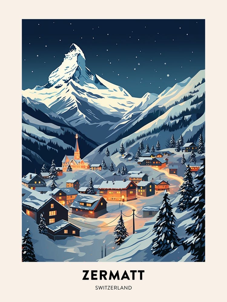 Winter Night  Travel Poster Zermatt Switzerland 2