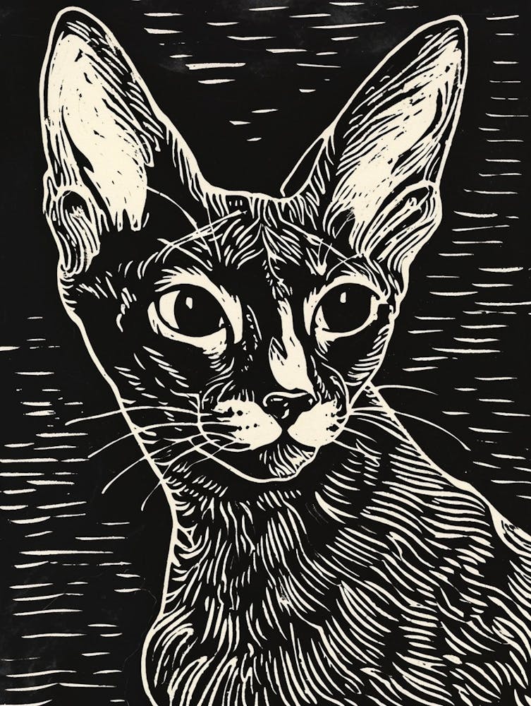 Oriental Shorthair Cat Linocut Blockprint 2
