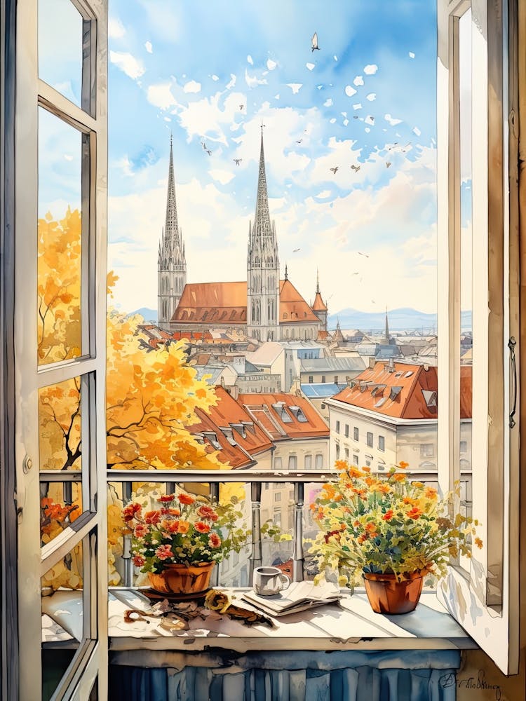 Window View Of Zagreb Croatia In Autumn Fall, Watercolour 3