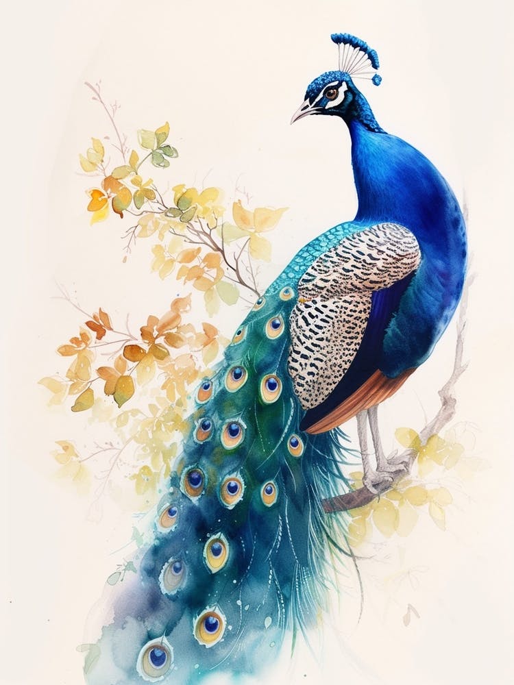 Watercolour Peacock On The Tree Branch 3