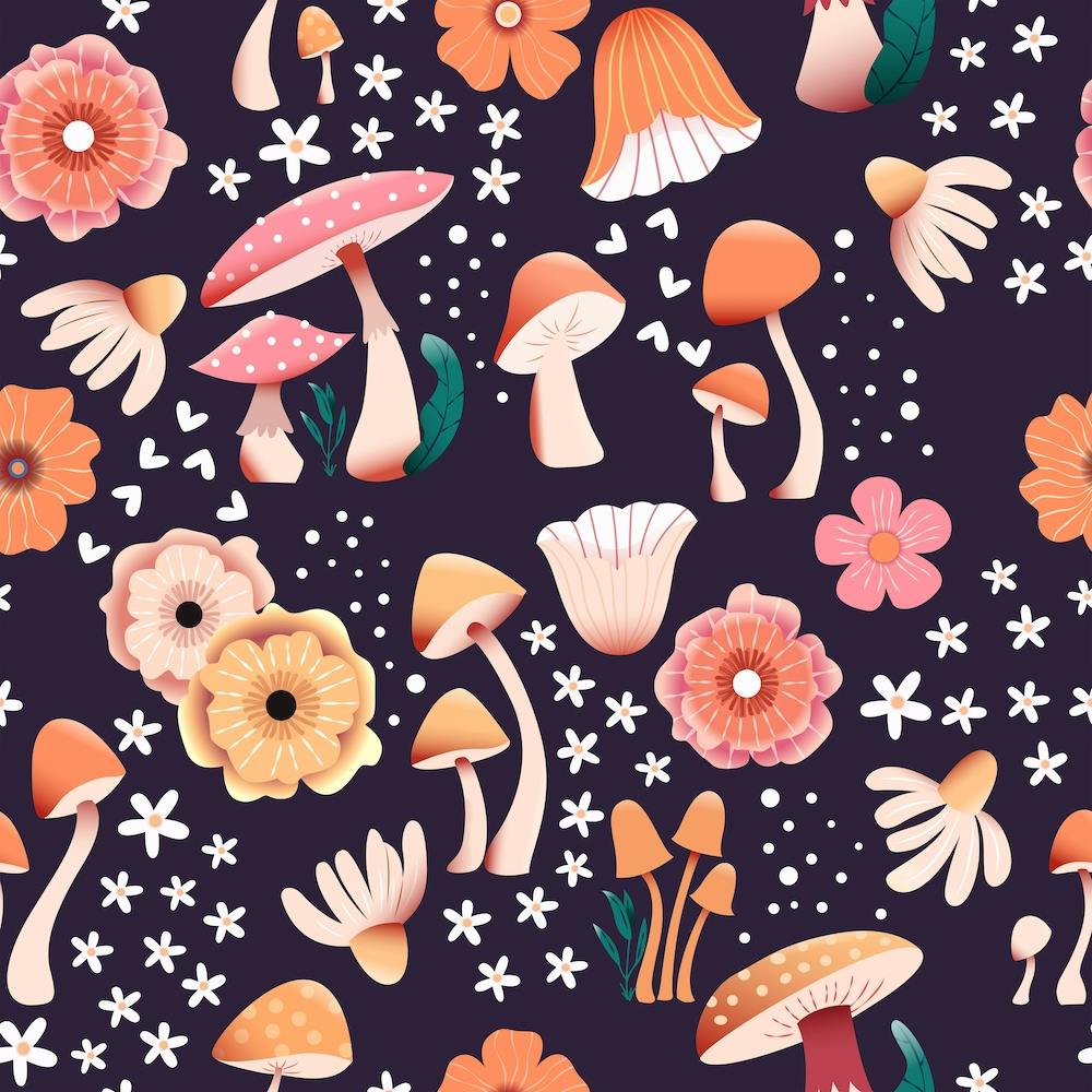 Mushrooms And Flowers Pattern On Purple Square