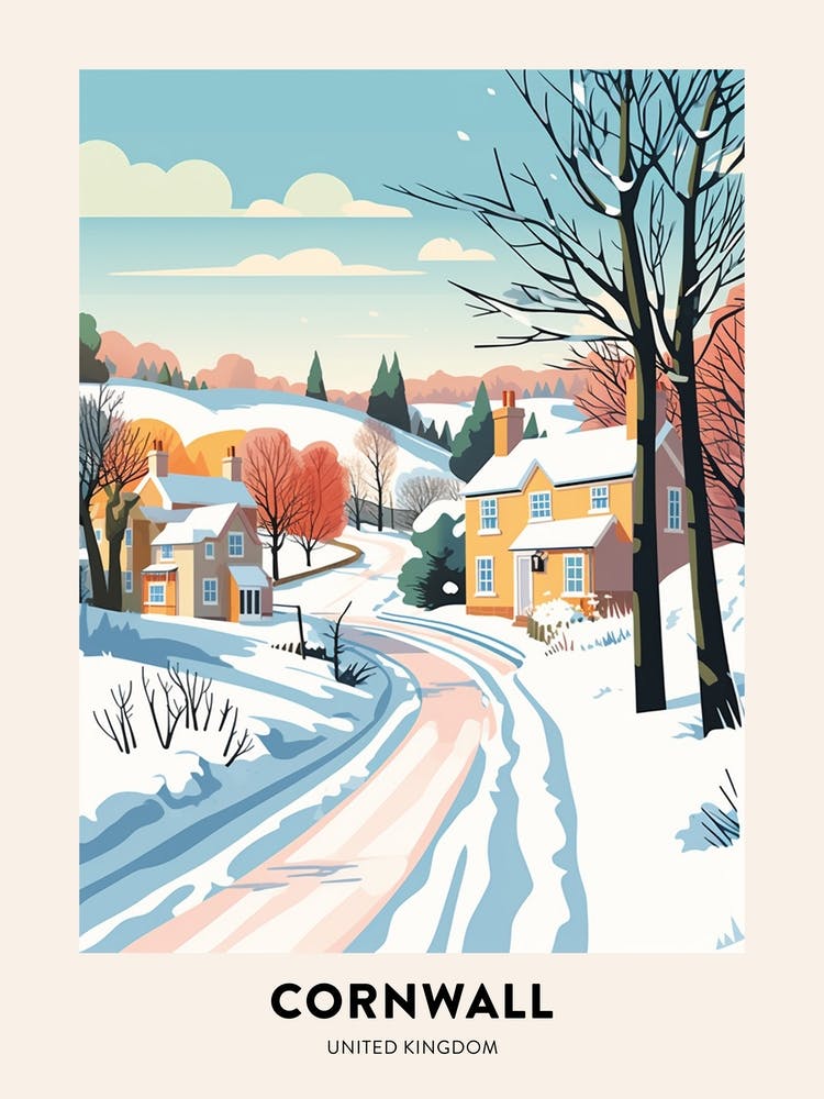 Vintage Winter Travel Poster Cornwall United Kingdom 2