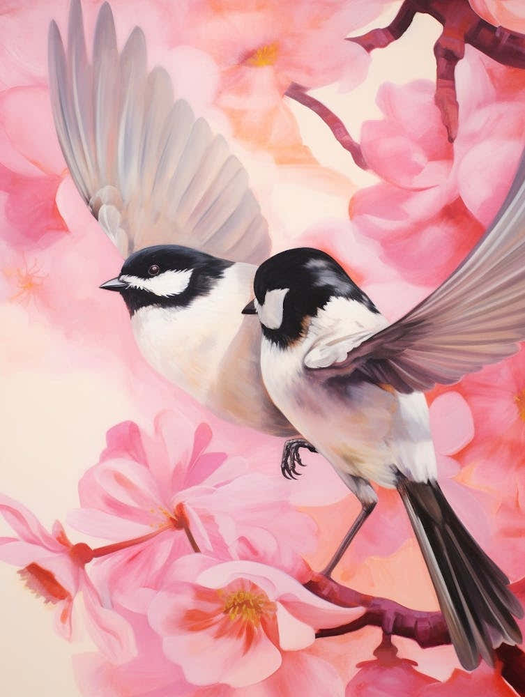 Pink Ethereal Bird Painting Carolina Chickadee 2