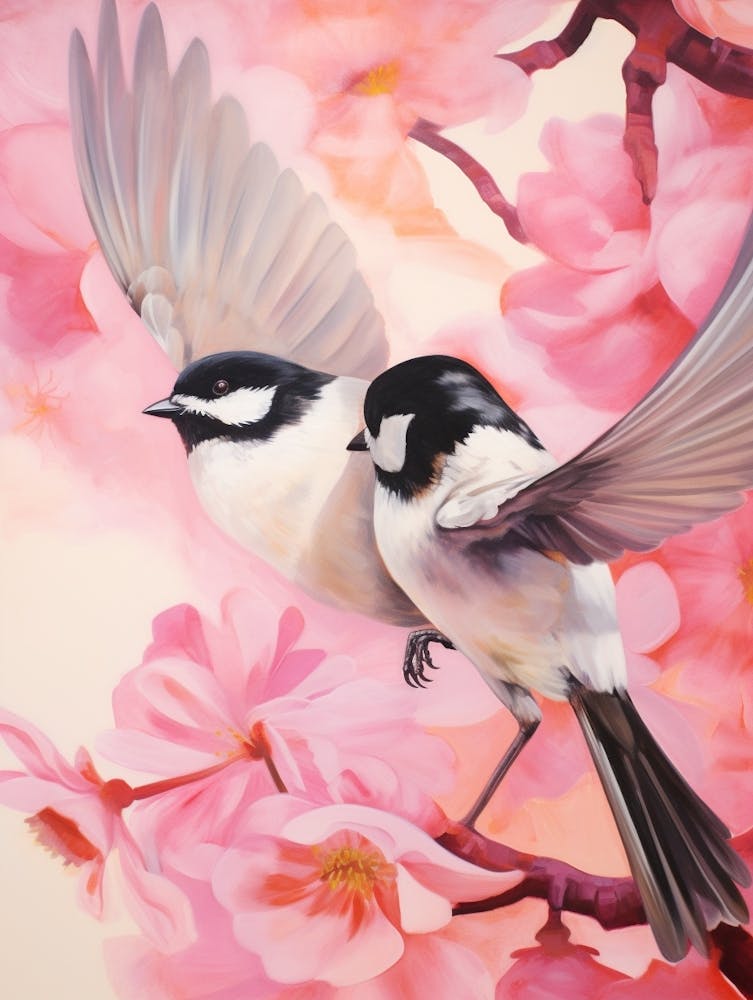 Pink Ethereal Bird Painting Carolina Chickadee 2