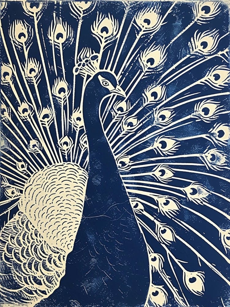 Navy Blue & White Peacock Linocut Inspired Portrait 1