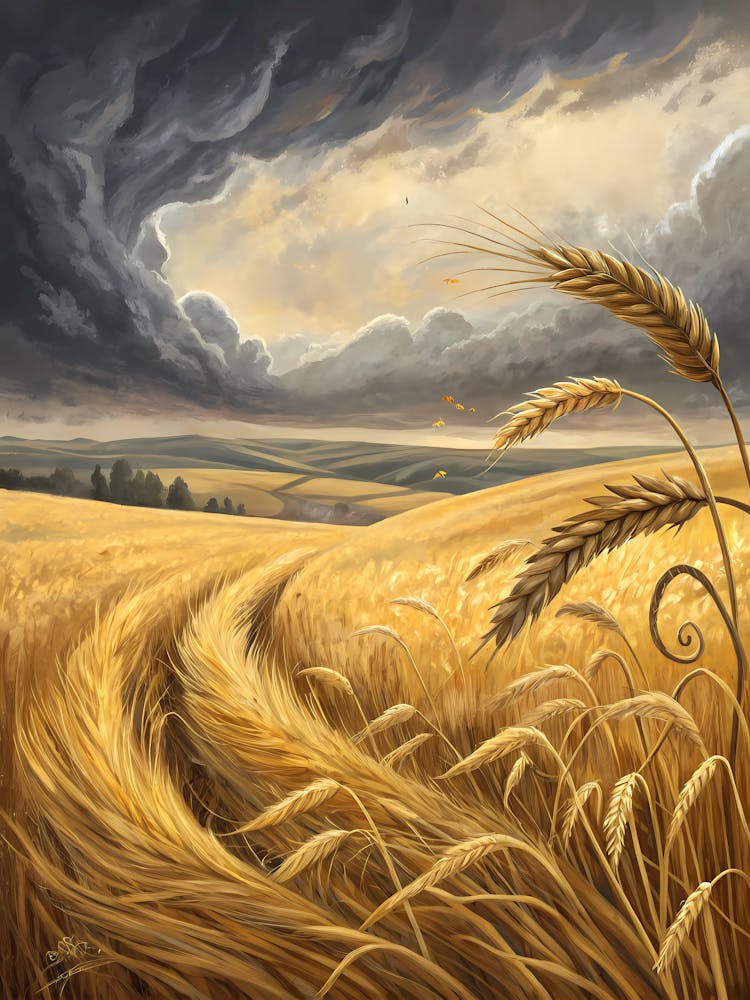 Impressionistic Wheatfield oil Painting Golden Harvest Landscape with Stormy Skies