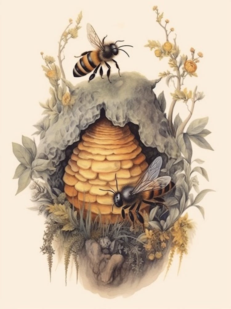 Dark Giant Honey Bee Beehive Watercolour Illustration 3
