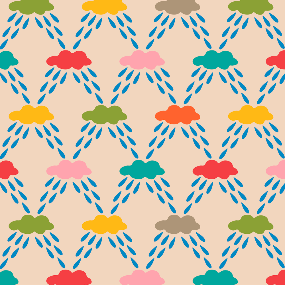 CLOUDBURST Outdoor Weather Rain Drops and Clouds in Bright Rainbow Multi-Colours on Cream