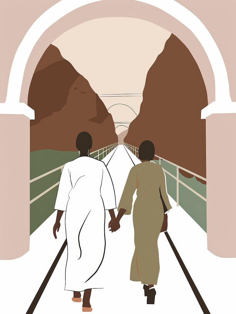 Two People Walking Through A Tunnel