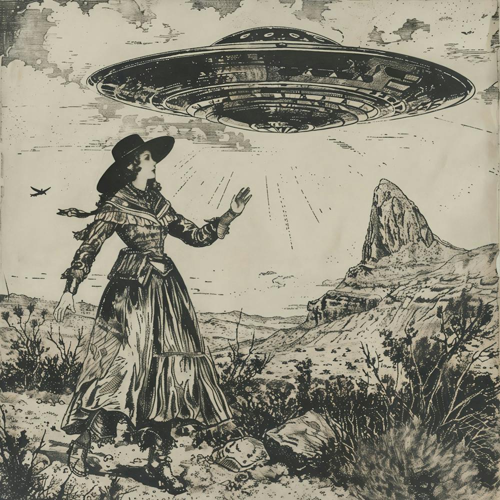 Antikes Schwarz-Weiß Vintage Pin-up Cowgirl verabschiedet Alien-Cowboy in fliegender Untertasse