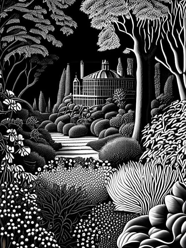 Alnwick Garden, United Kingdom Linocut Black And White Vintage