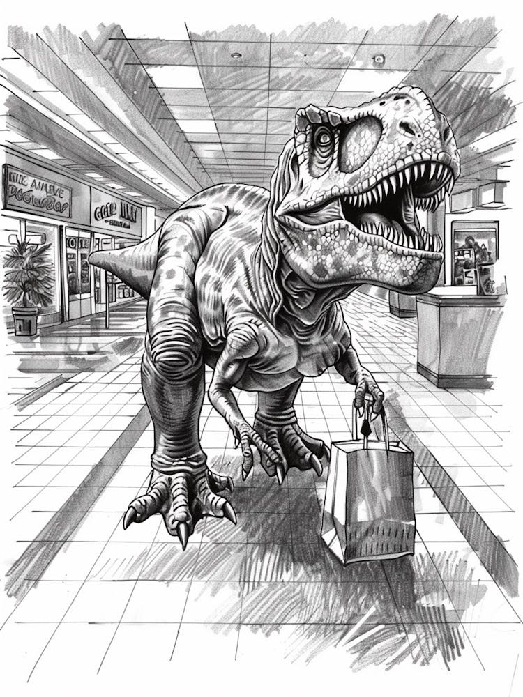T Rex In A Mall Pencil Drawing