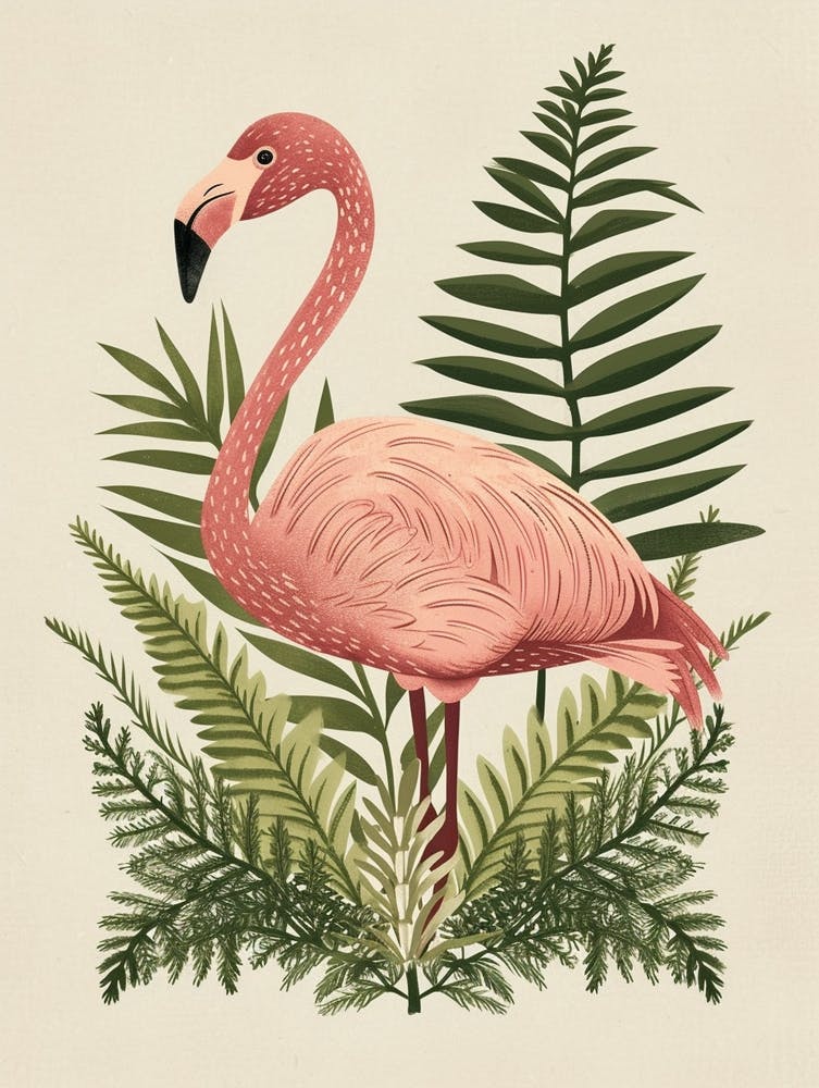 Andean Flamingo And Ferns Minimalist Illustration 3