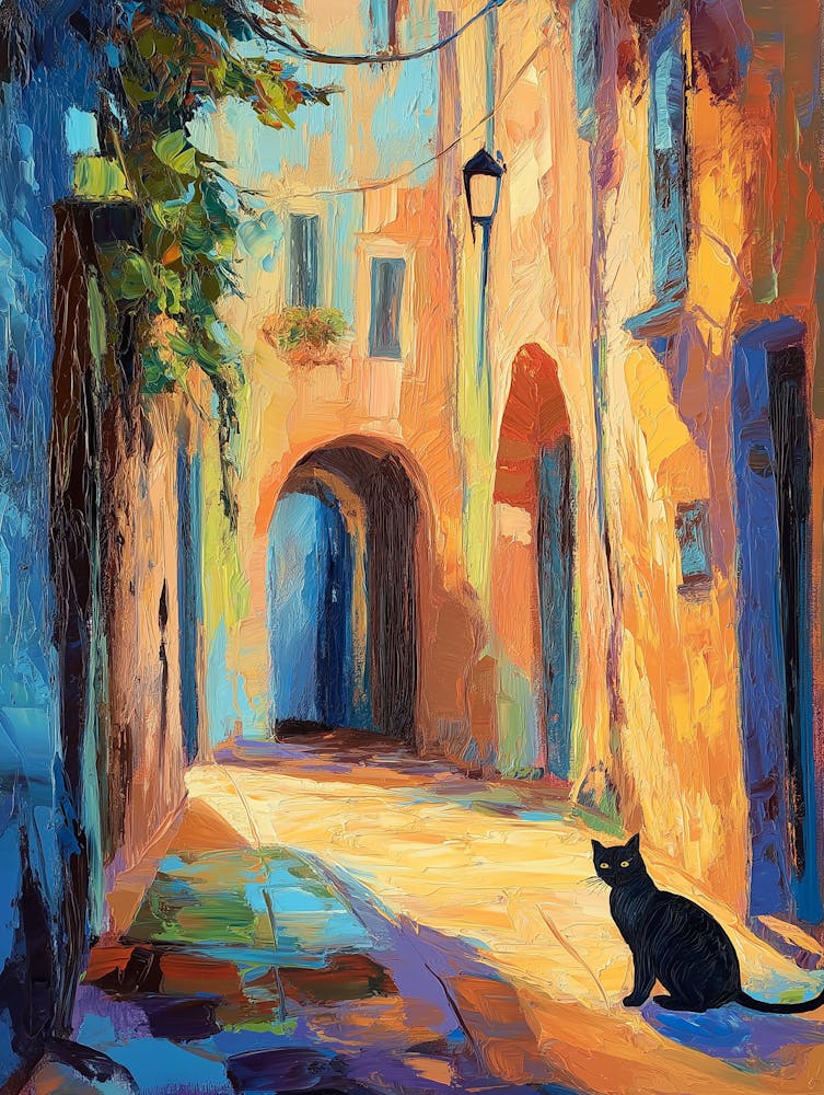 A Painting Of An Old Italian Street With Black Cat