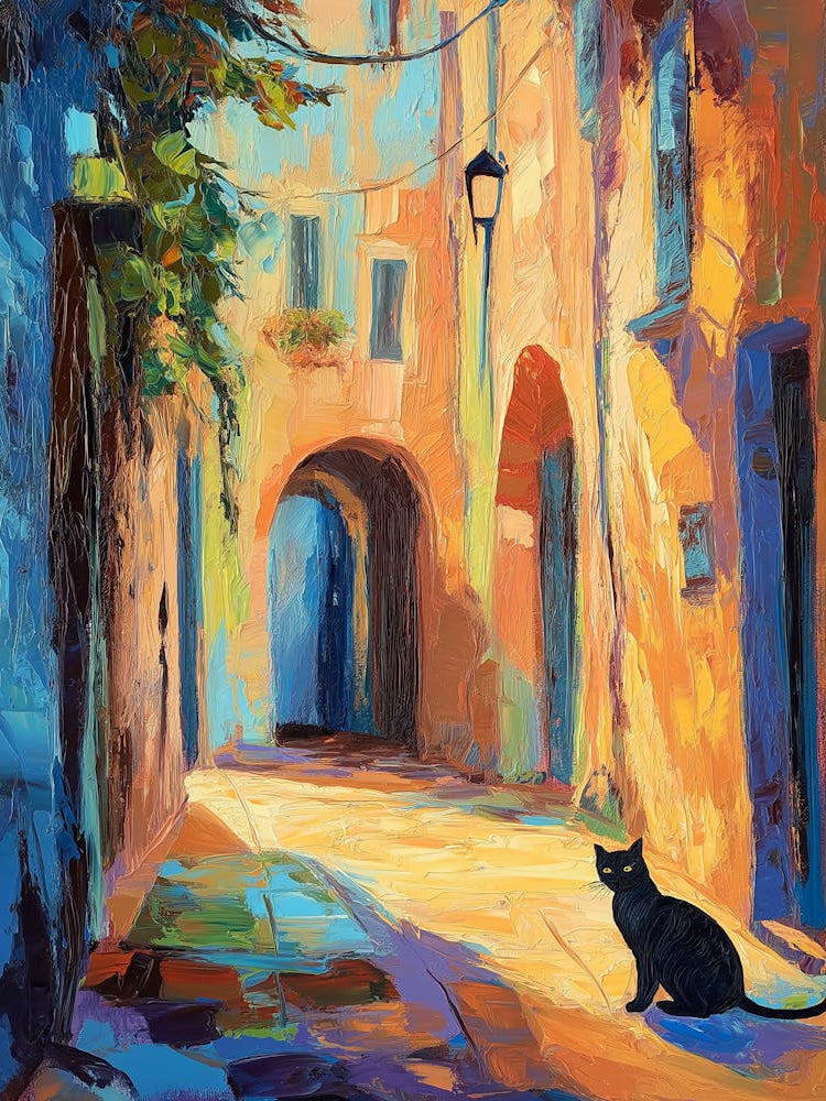 A Painting Of An Old Italian Street With Black Cat
