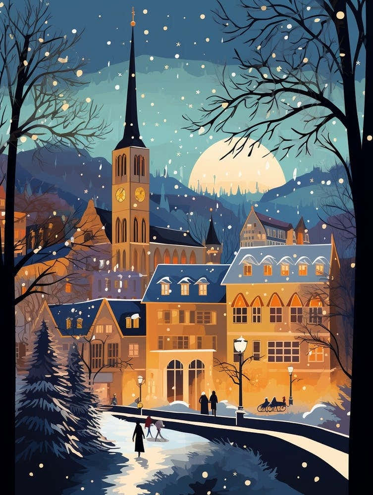 Winter Travel Night Illustration Zurich Switzerland 6