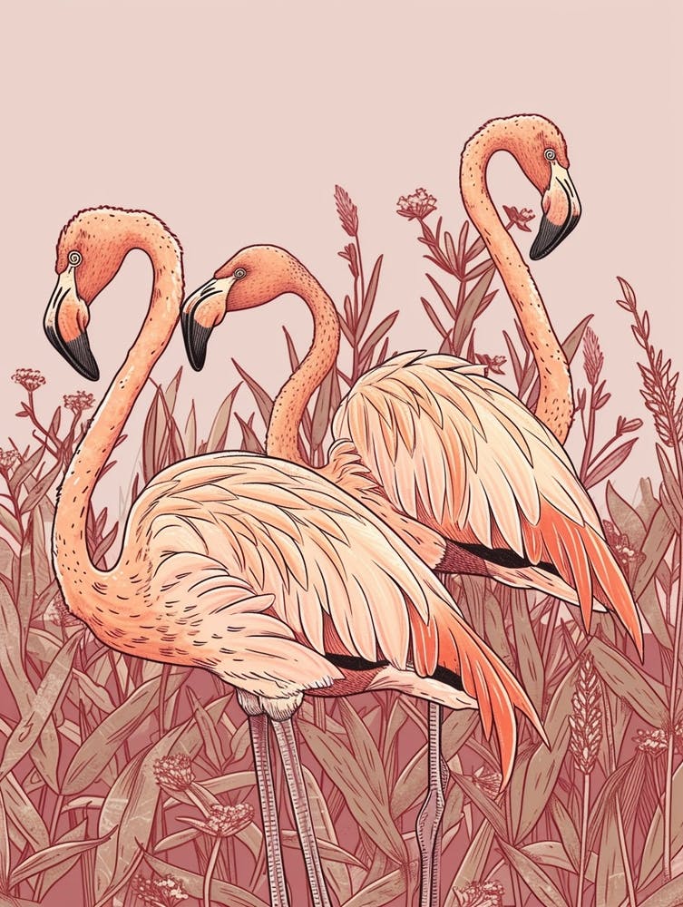 Lesser Flamingo And Ginger Plants Minimalist Illustration 4