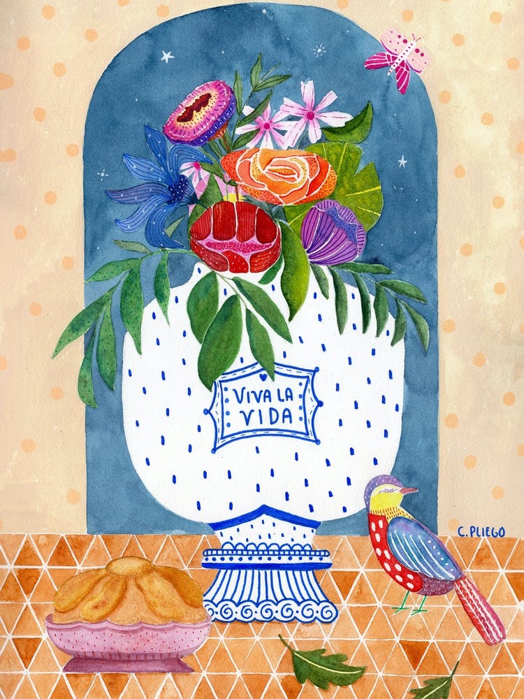 Still Life Frida Viva La Vida with Bird and Day of the Dead Bread 