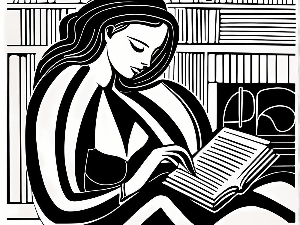 Just a girl who loves to read, Lion cut inspired Black and white Stylized portrait of a Woman reading a book, reading art, book worm, Reading girl 199