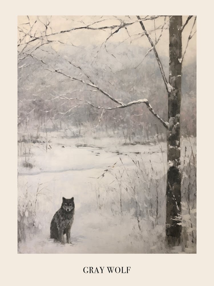 Vintage Winter Animal Painting Poster Gray Wolf 1