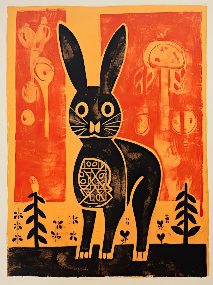 Rabbit, Woodblock Animal  Drawing 2